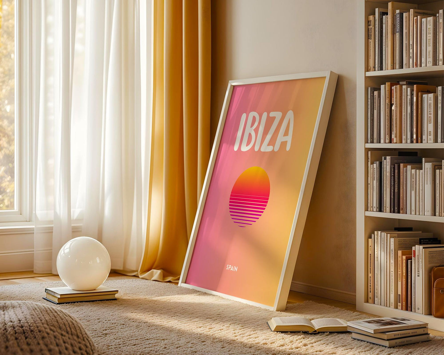 Minimal Ibiza wall art print featuring a colourful sunset design inspired by the Spanish island of Ibiza.