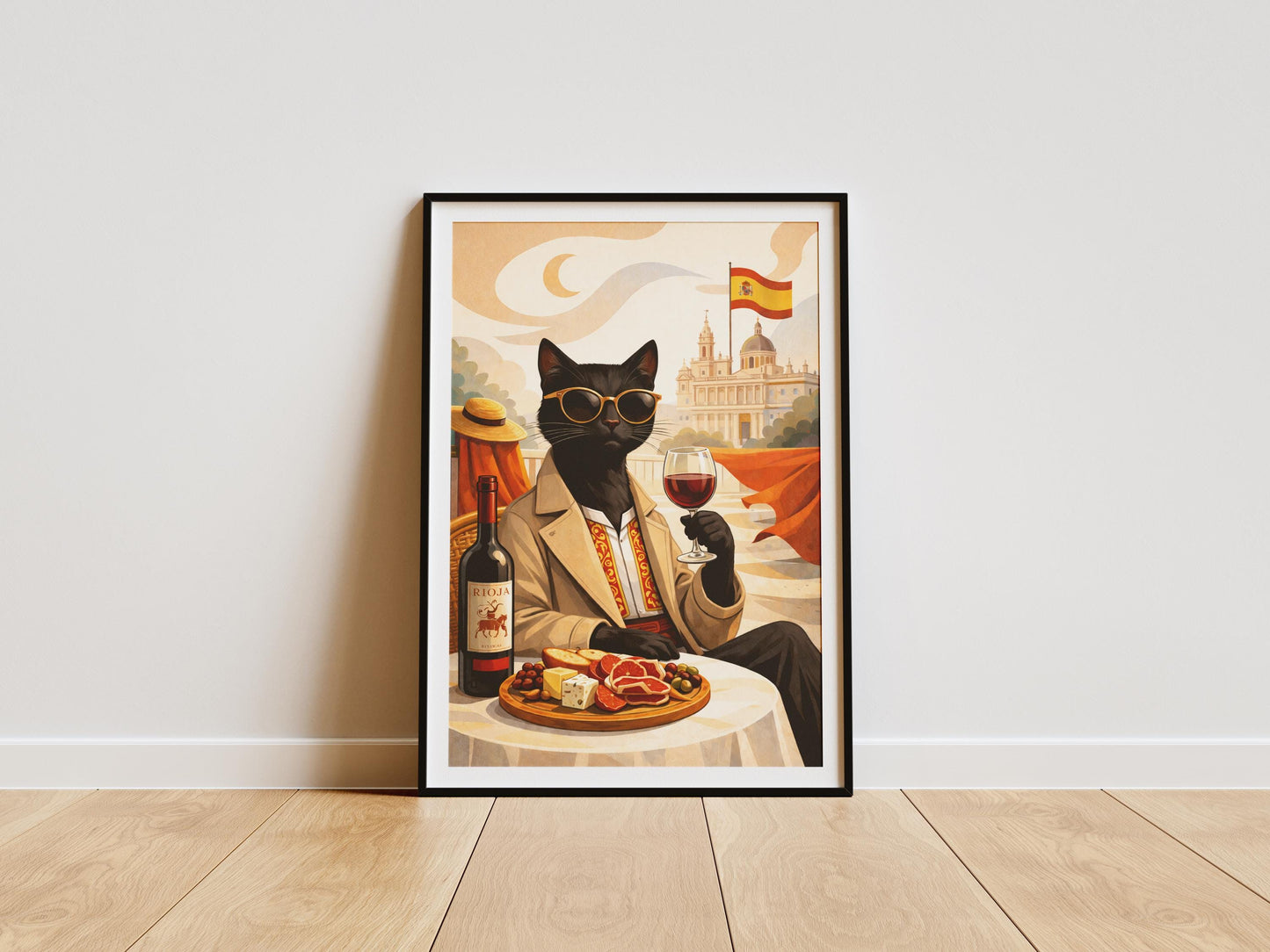 Surreal Black Cat Art Print – Dalí Inspired Spanish Cat with Wine, Rioja Café Wall Art, Whimsical Cat Illustration, Cat Lover Gift