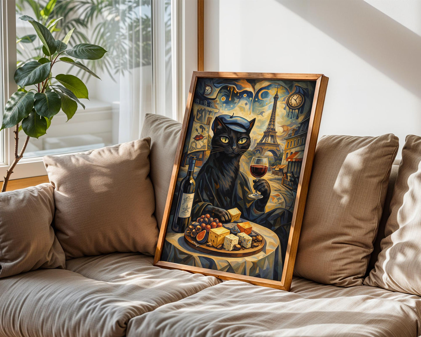 Surreal Black Cat Art Print – Dalí Inspired Cat Wine Painting, Paris Café Wall Art, Dreamlike Cat Illustration, Gift for Art Lovers