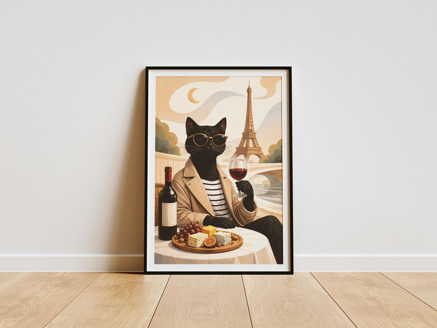 Surreal Black Cat Art Print – Dalí Inspired Paris Cat with Wine, French Café Wall Art, Whimsical Cat Illustration, Cat Lover Gift