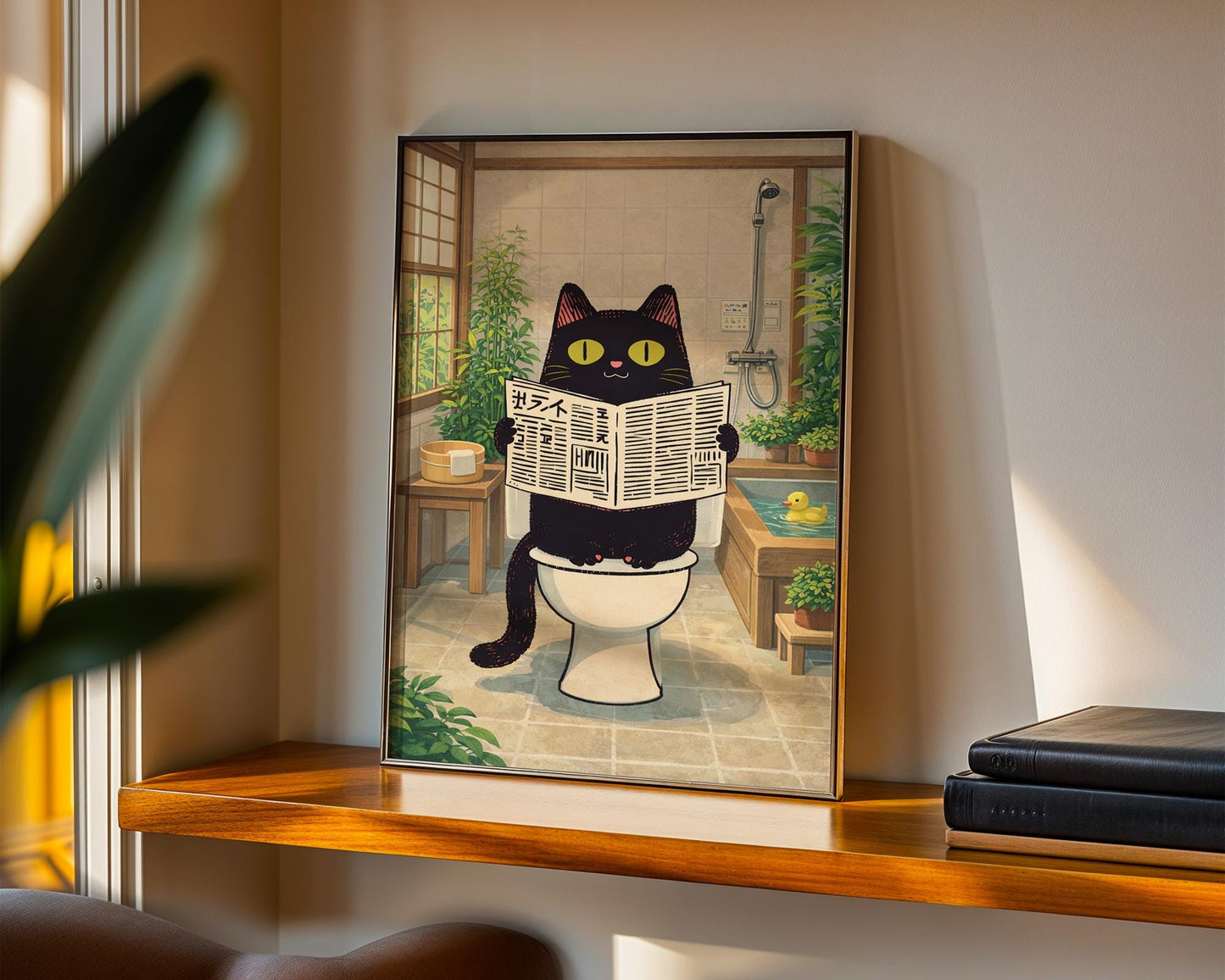 Funny Cat Bathroom Print β Japanese Style Black Cat on Toilet Wall Art β Quirky Bathroom Decor β Cat Lover Gift