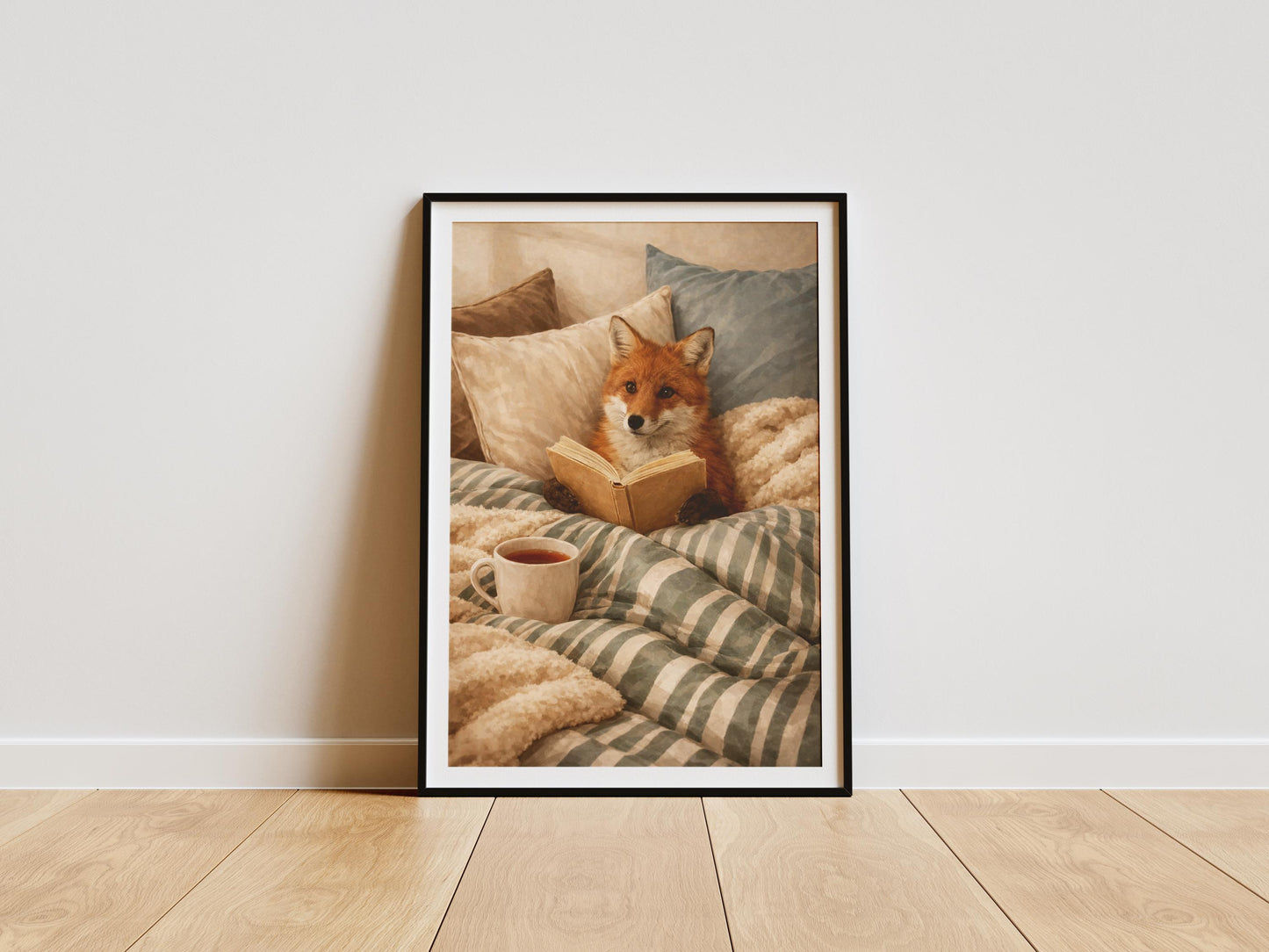 Fox print featuring red fox reading a book in bed with tea, cozy cottagecore wall art