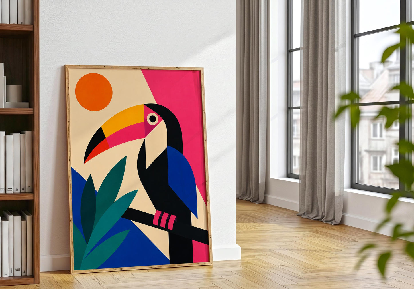 Tropical bird print with striking toucan illustration and bold mid-century modern influences.