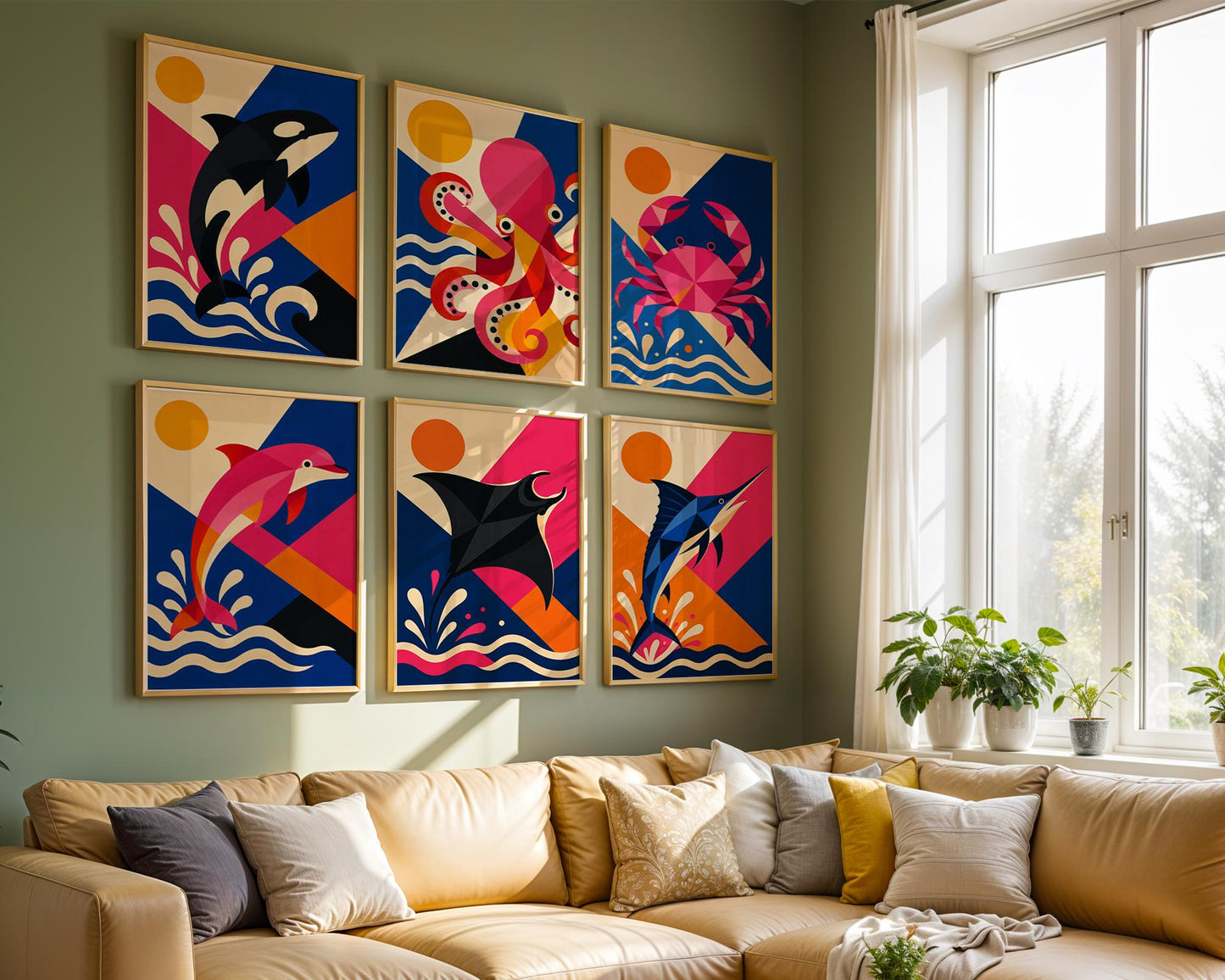 Collection of six geometric ocean animal prints arranged as a modern coastal gallery wall.