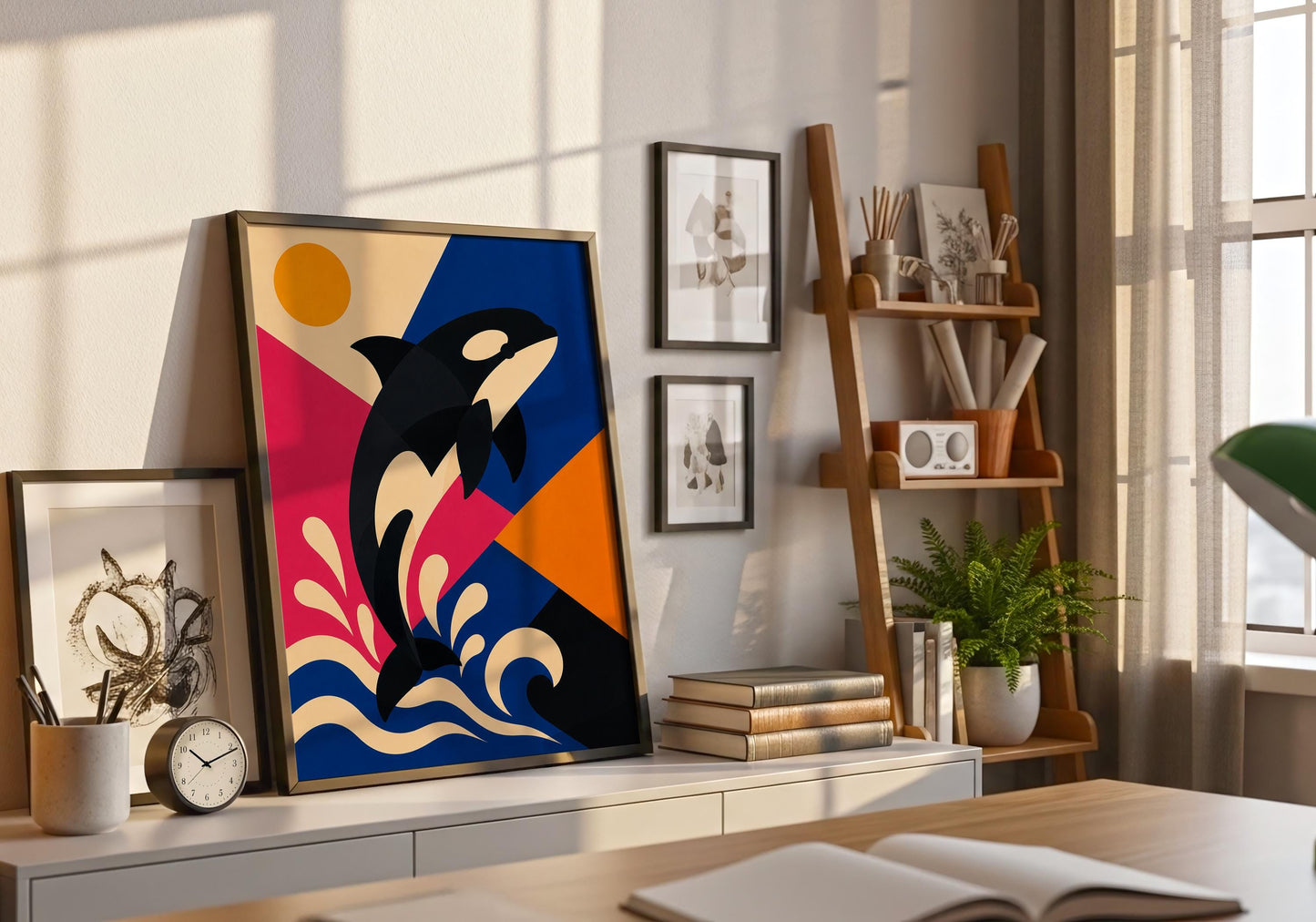 Whale lover gift featuring a modern marine life illustration with bold coastal colours and minimalist styling.