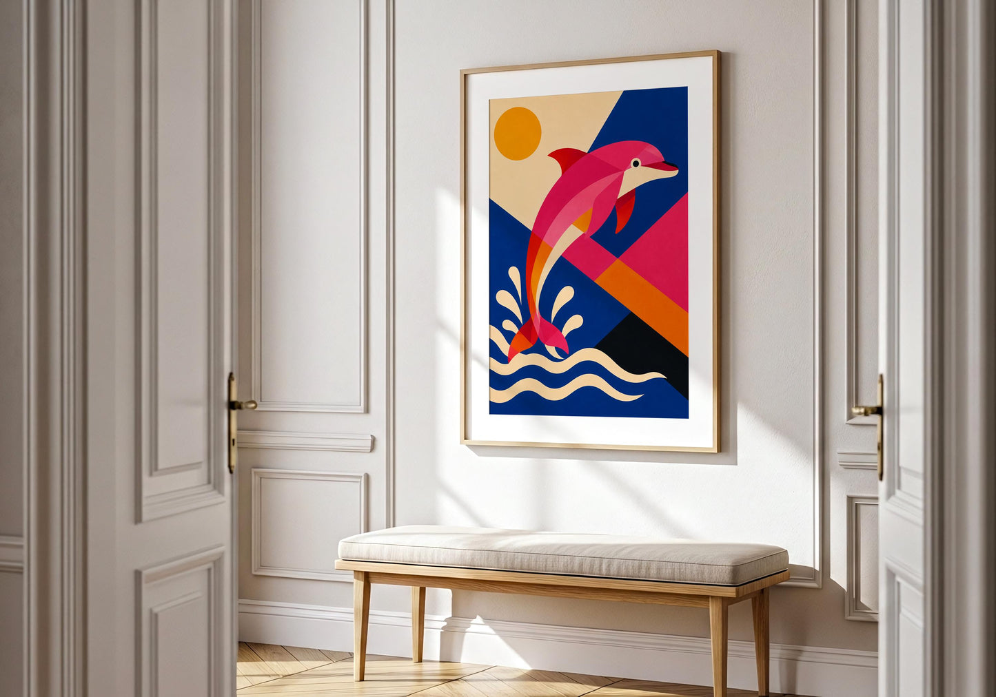 Scandinavian coastal artwork displaying a playful dolphin above stylised waves in a contemporary design.