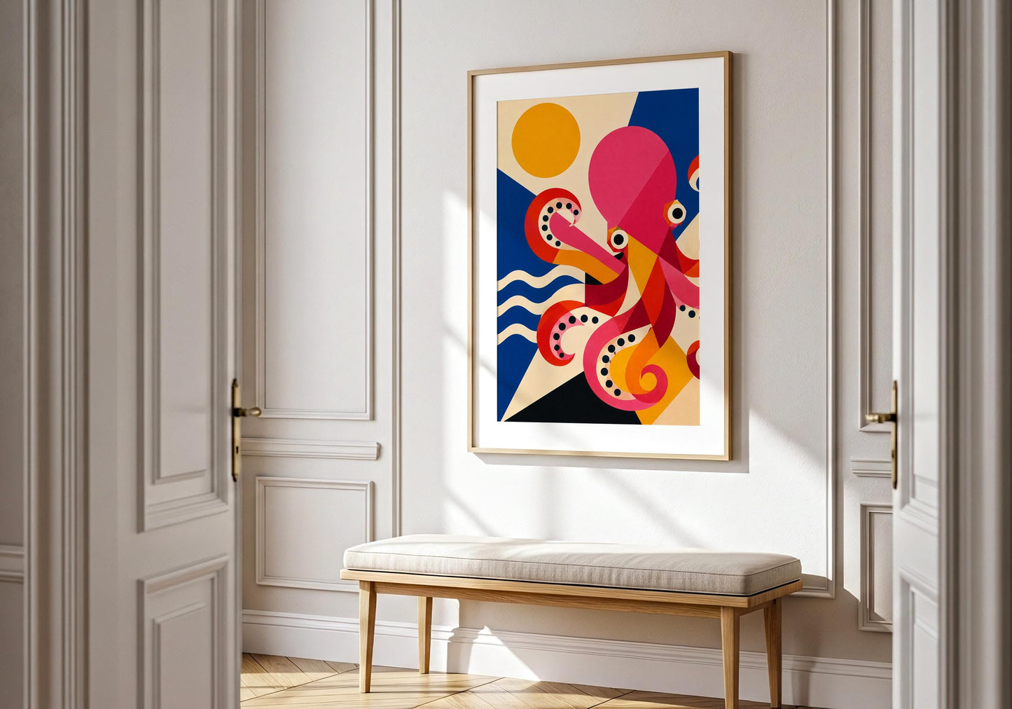Coastal marine life artwork showcasing an abstract octopus surrounded by ocean-inspired design.