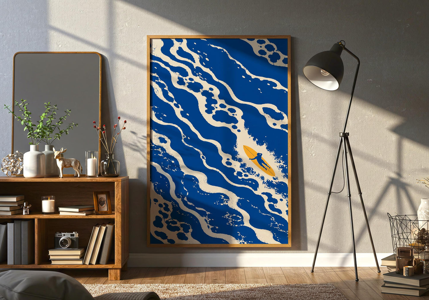 Beach house wall decor featuring abstract ocean wave artwork
