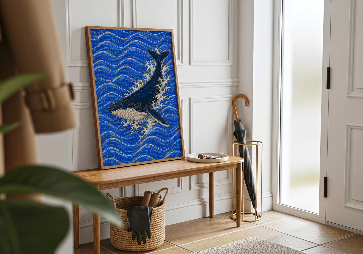 Coastal decor featuring whale swimming through water