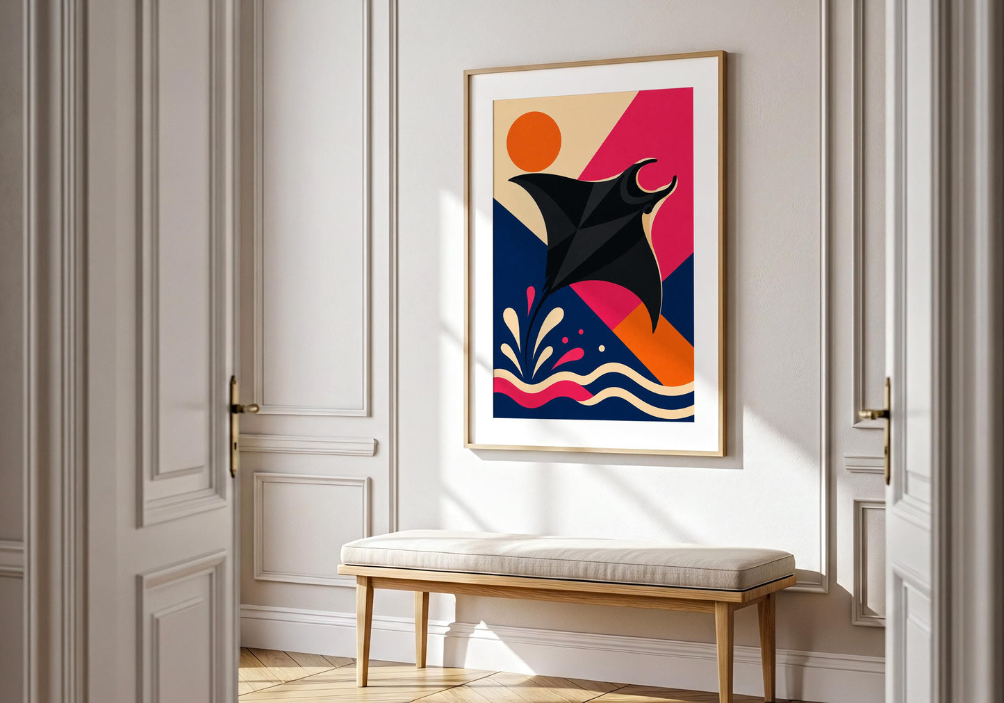 Modern beach house artwork displaying a geometric manta ray in vibrant tropical colours.