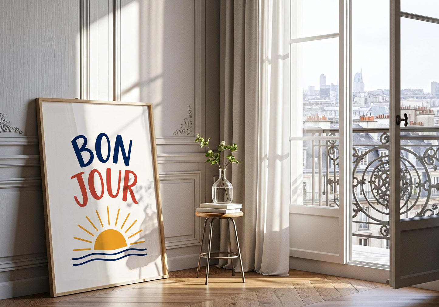 Minimalist quote wall art featuring a French greeting and contemporary graphic design.