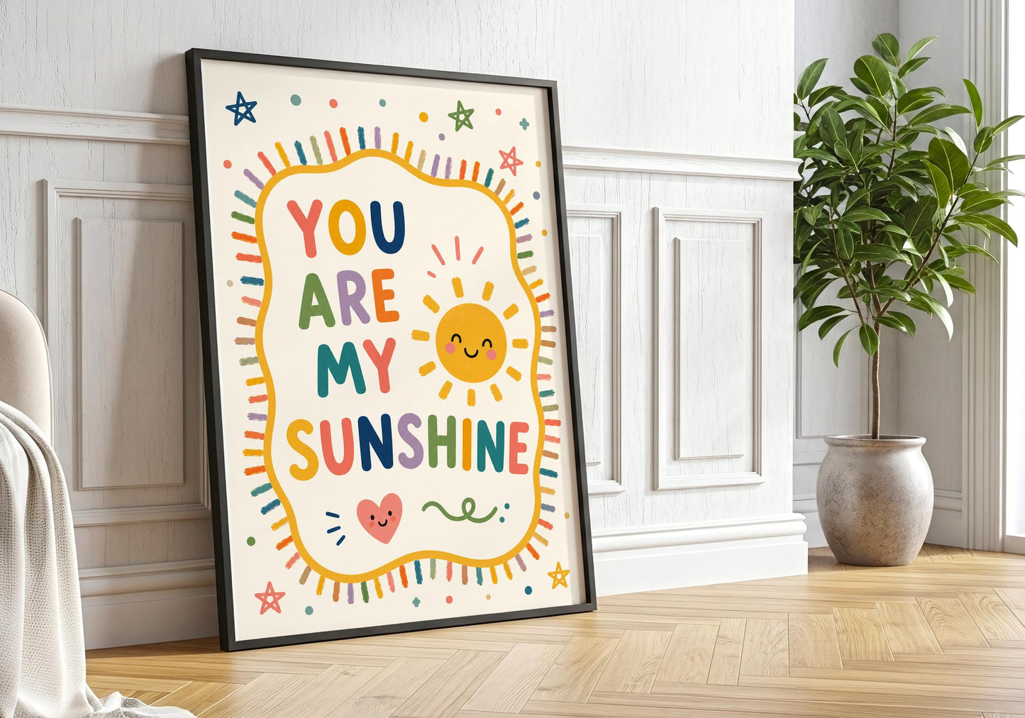 Baby room decor print with colourful You Are My Sunshine typography and whimsical sunshine illustration.