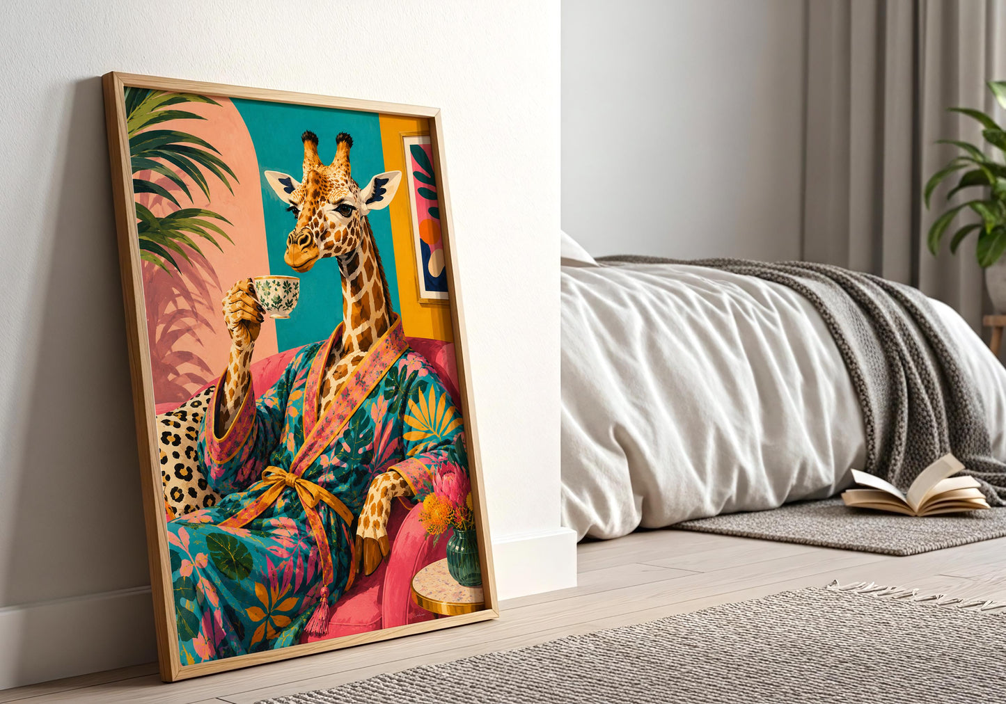 Playful wildlife wall art featuring a giraffe enjoying a relaxing tea break.