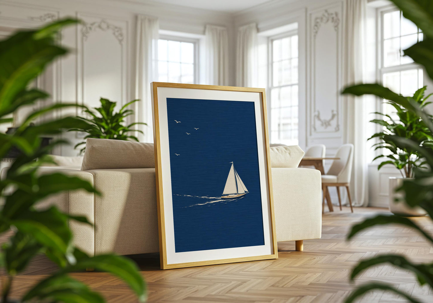 Lake house wall decor featuring a peaceful sailboat illustration in navy blue tones.