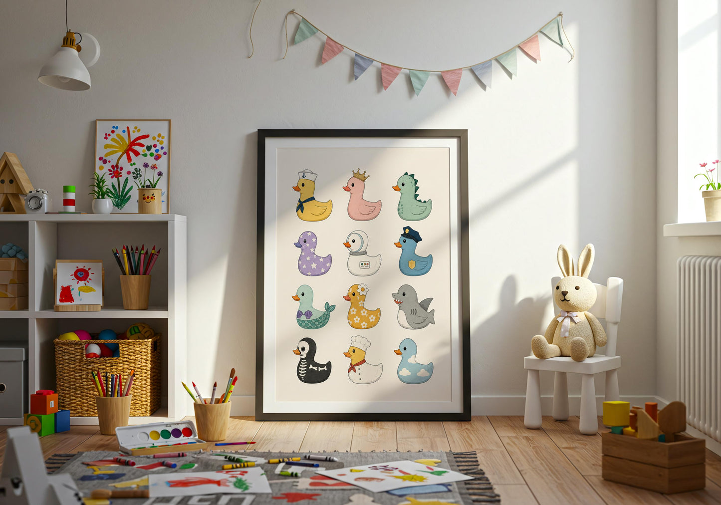 Novelty duck wall décor with colourful cartoon ducks creating a fun and cheerful statement piece.