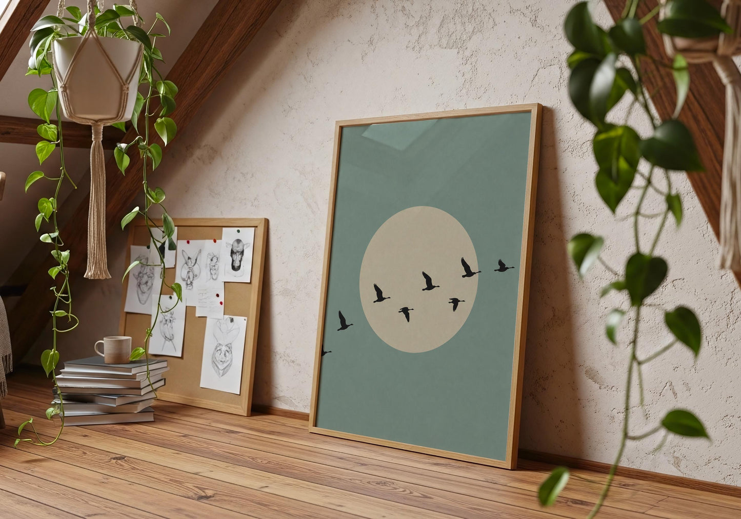 Botanical inspired bird silhouette artwork.
