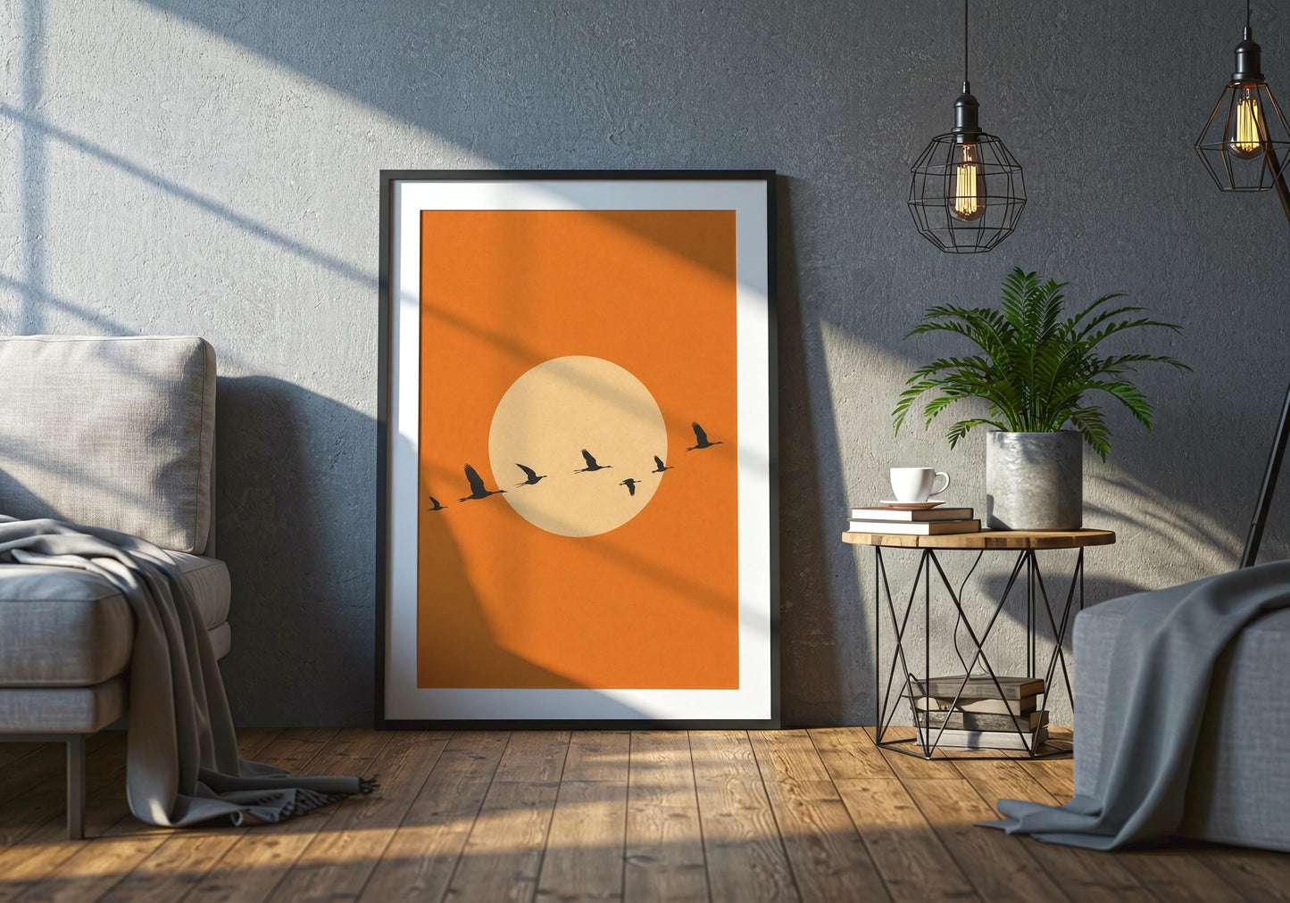 Minimalist sunset poster with flying birds.