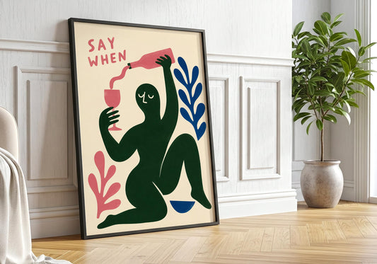 Contemporary abstract wall art with bold graphic figure holding a wine bottle and glass, ideal for Scandinavian and modern home interiors.