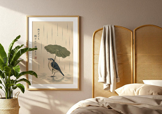 Japandi wall art print with traditional Japanese bird illustration, lotus leaf umbrella and peaceful rain scene.