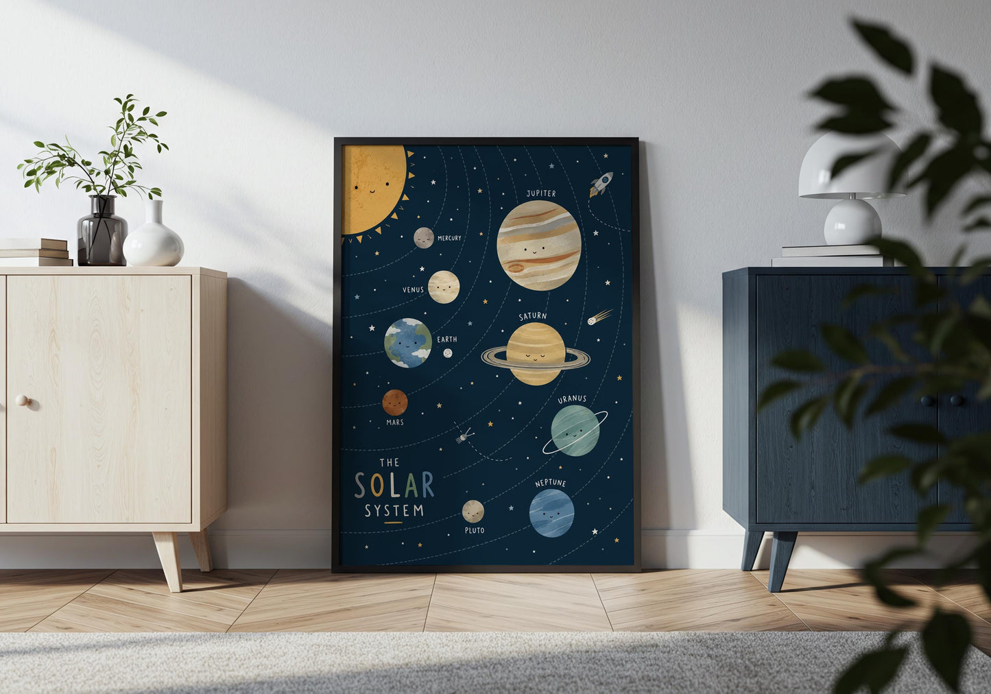 Educational kids wall art featuring planets, stars and outer space learning poster.