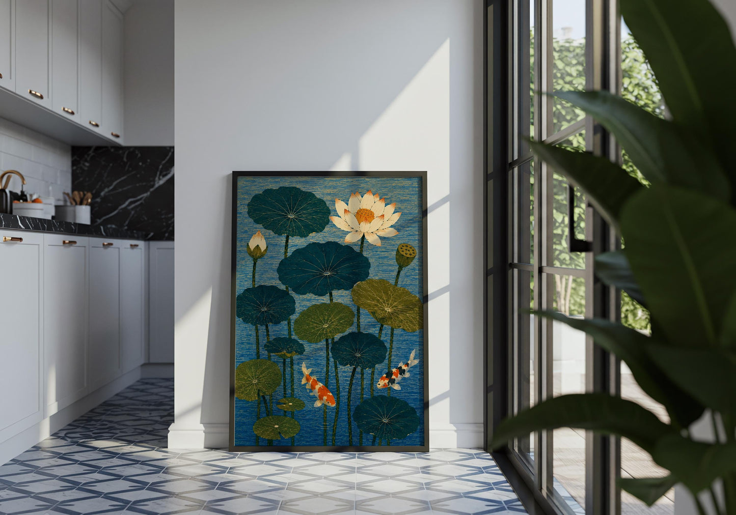Designer-inspired lotus pond print with vibrant blue tones and koi fish, creating a bold focal point for stylish interiors.