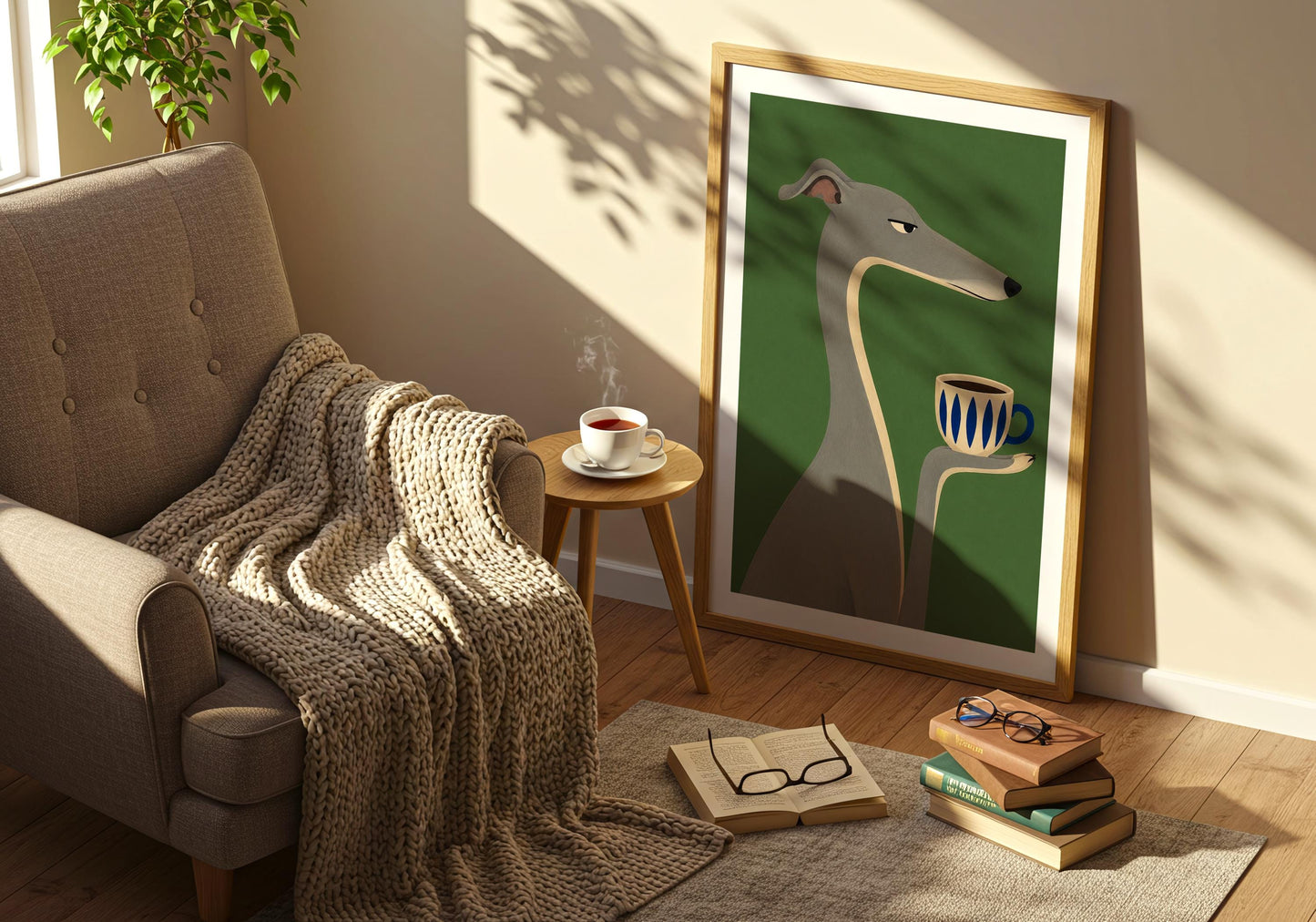Minimalist dog illustration featuring a greyhound enjoying coffee, unique kitchen wall art and thoughtful gift for greyhound lovers.
