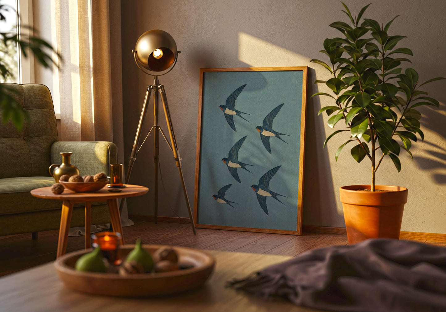 Minimalist swallow illustration print with vintage botanical styling, perfect for beach houses and gallery walls.