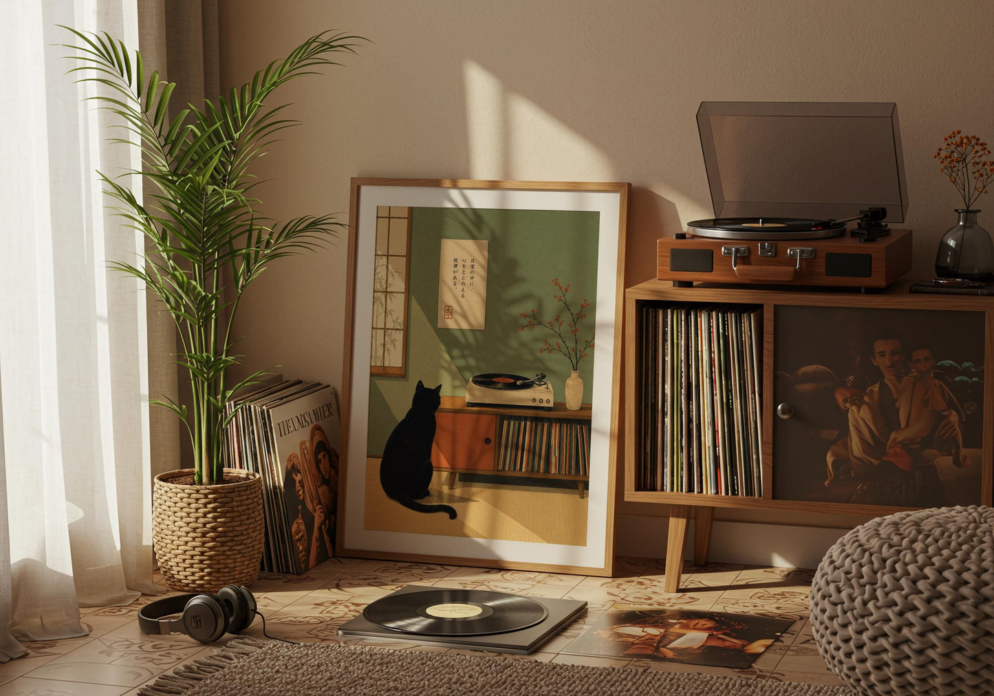 Japandi mid century wall art with black cat, turntable and warm retro green interior