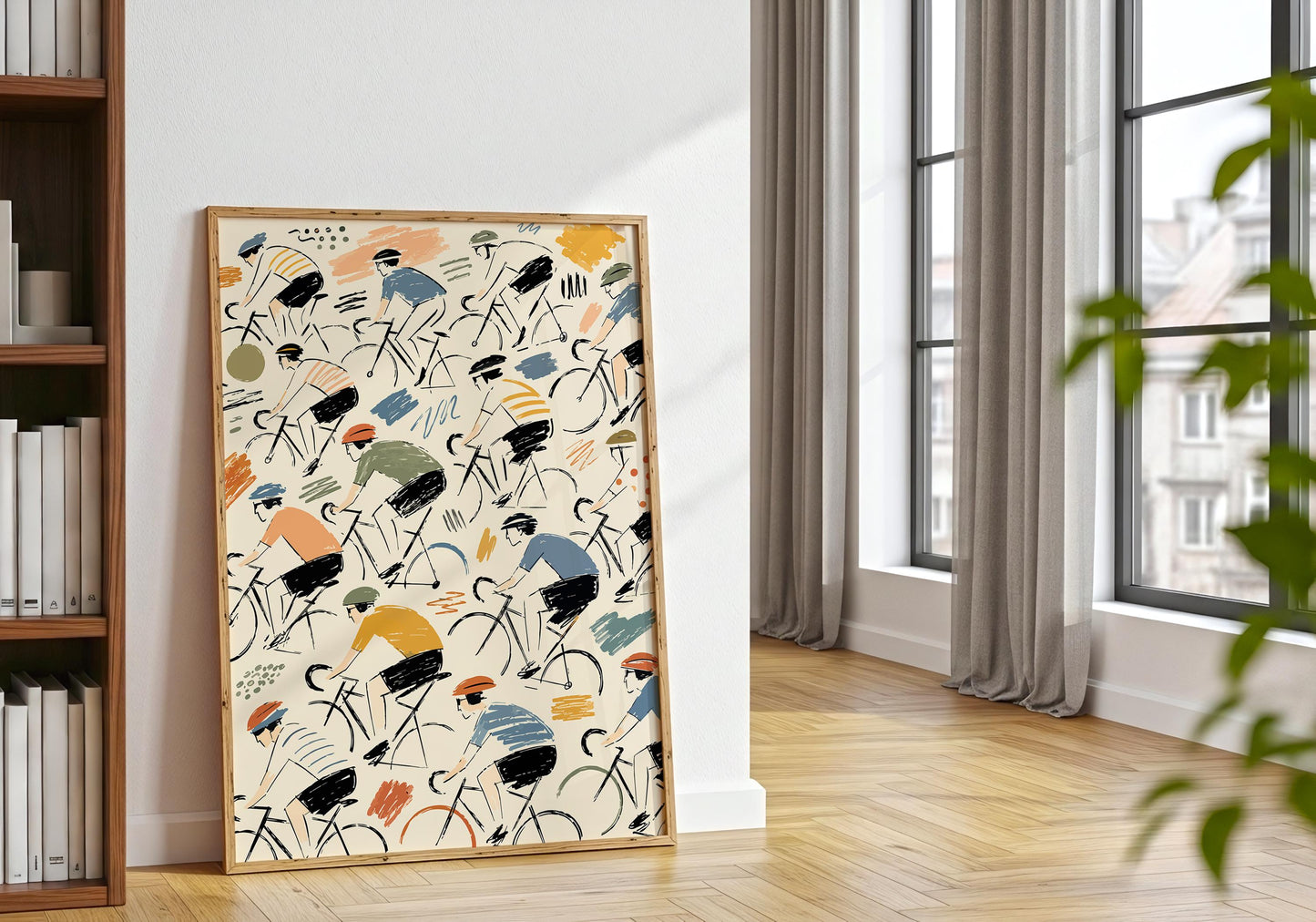 Vintage-style sports illustration featuring multiple road cyclists surrounded by playful abstract brush marks.