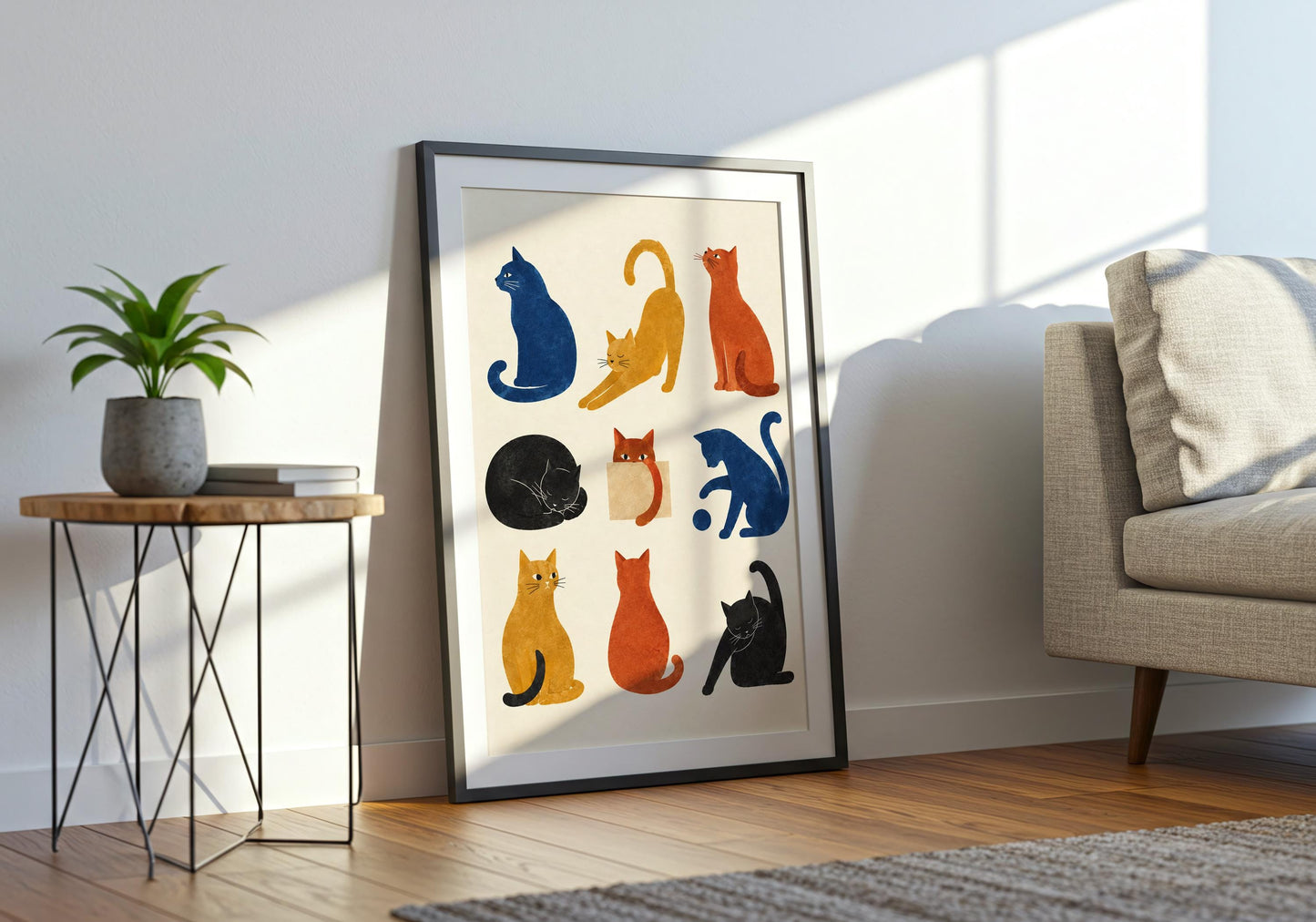 Large cat art print in a natural wood frame styled in a light interior with decorative wall panelling and wooden flooring.