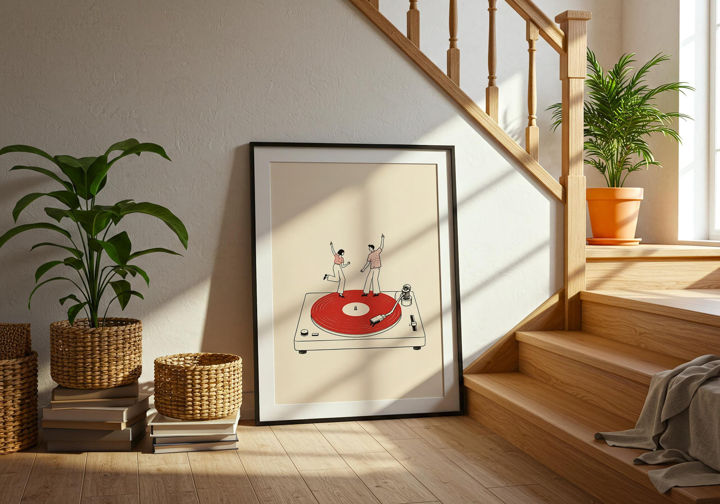 Vinyl collector wall art featuring a stylised record player and whimsical dancers in a clean minimalist composition.