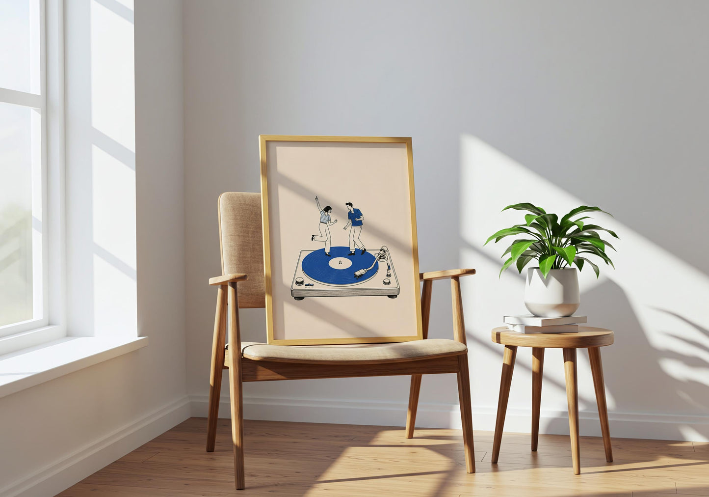 Retro living room print with black line illustration, cobalt blue accents and two people dancing together.