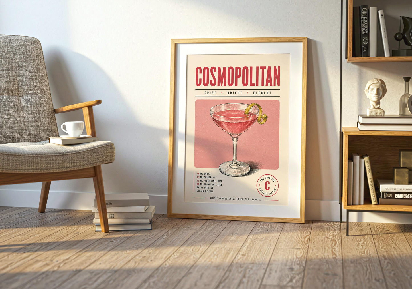 Pink cocktail print featuring an elegant stemmed glass and bold retro typography for a kitchen gallery wall.