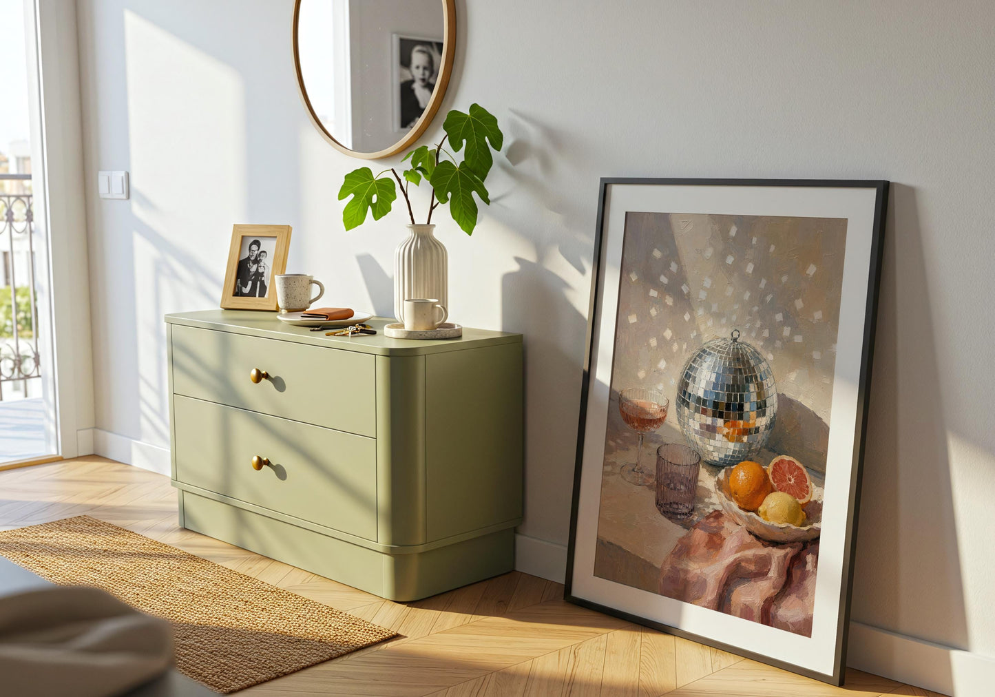 Disco-inspired still life artwork with warm neutral tones, reflective silver tiles, pink fabric and playful scattered light.