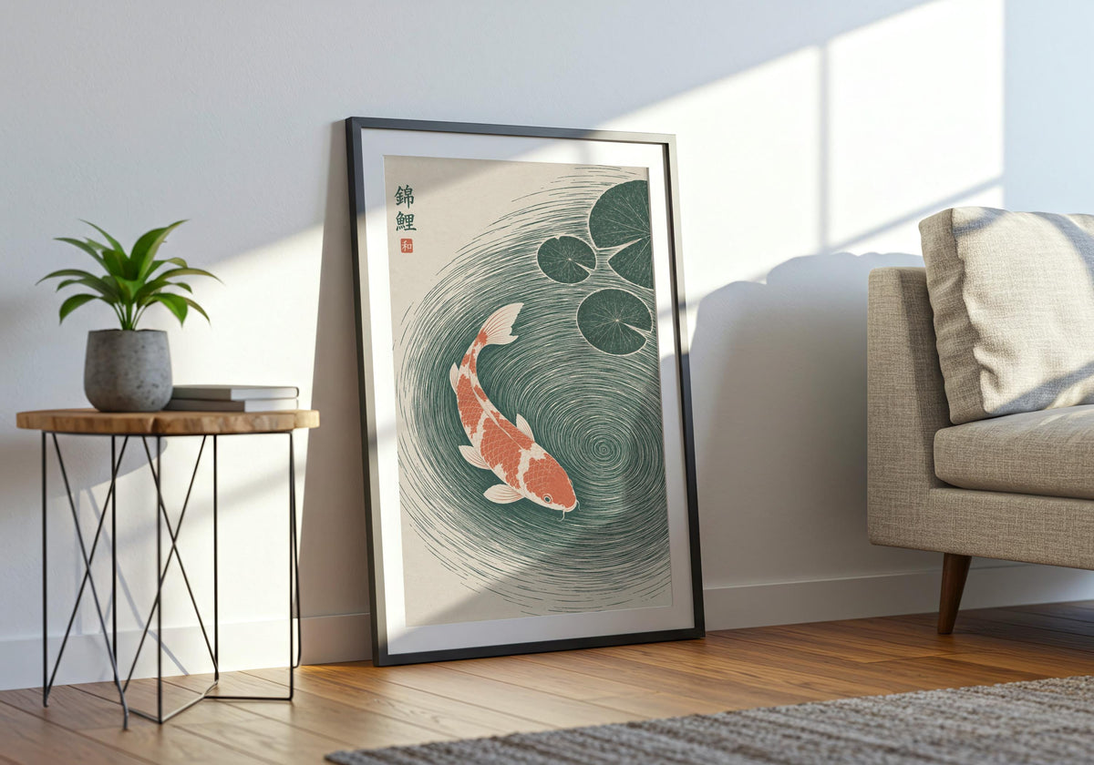 Wide interior view of calm living room with two coral-and-white koi circling through deep green water beneath lily pads, shown in a black frame beside a pale sofa.