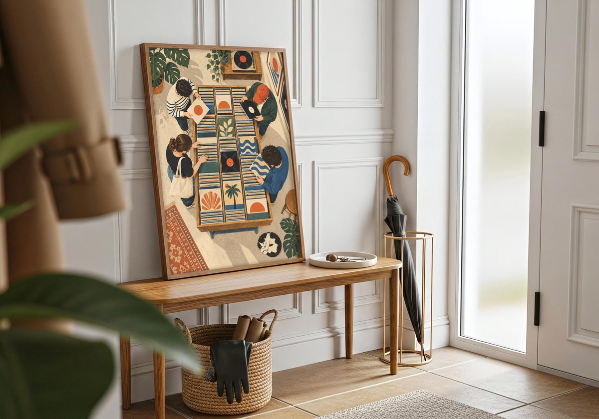 Wide interior mockup of this vinyl record decor in a white frame above an entry bench, featuring two people browsing vinyl among turntables, sleeves, plants and patterned rugs.