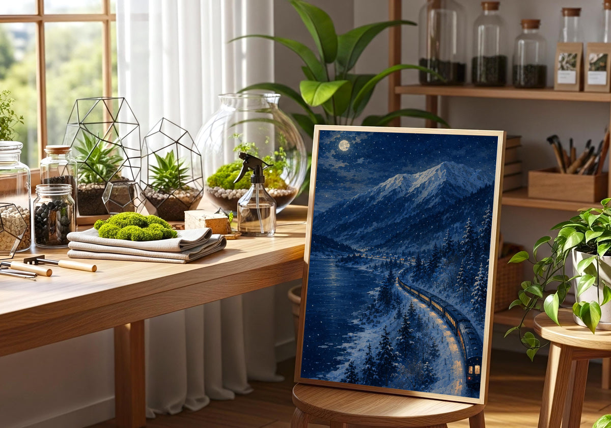 Night Train Hokkaido — Moonlit Lake japanese winter art, a long illuminated train curving beside a frozen lake under a full moon, shown in a light-wood frame in a botanical studio with green plants; deep indigo, snow blue and golden amber portrait wall art.