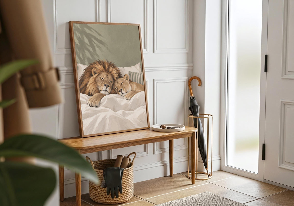 Wide room view of Sleeping Lions, with a lion and cub enjoying a peaceful bedtime cuddle, shown in a white frame in a wide contemporary-room view.