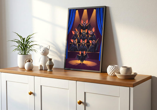 Framed wall view featuring a theatrical choir of bats rehearsing beneath amber spotlights as the room's main focal point.