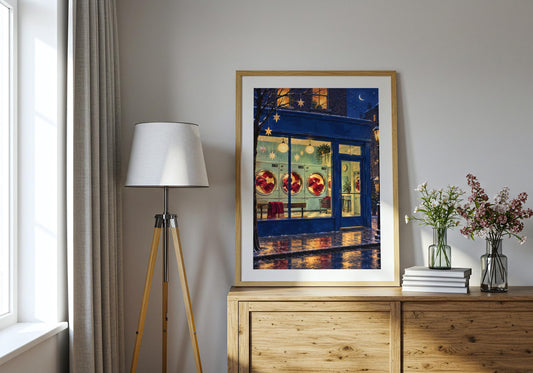 A glowing neighbourhood laundrette with cranberry scarves tumbling after dark fills the framed Christmas Eve Laundrette, shown here in a modern room above a console.