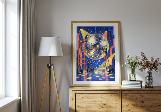 A modern interior displays the Tiny Disco Maintenance Crew poster with its silver, ultramarine, coral and acid yellow palette.