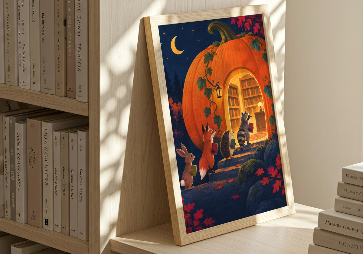 Pumpkin Library Returns II adds midnight blue, bright orange, moss and red tones to a child's bedroom with a teddy nearby, with the artwork shown without cropping.