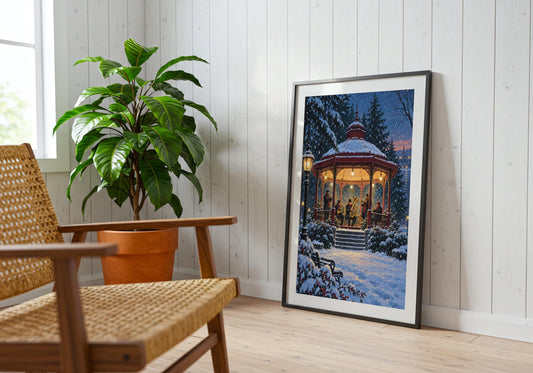 Winter Brass Band Kiosk shows its full pine green, oxblood, brass yellow and icy blue colour range while displayed in a relaxed reading corner.