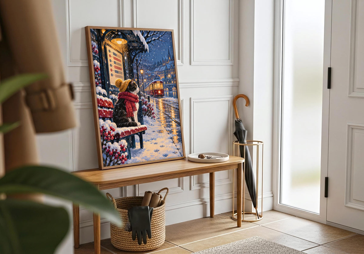 Close room styling highlights the snow blue, tram red, mustard and warm lamplight palette of the Winter Cat Tram Stop design.