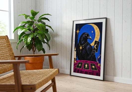 A modern interior displays the Blackbird Fortune Teller II poster with its inky black, electric cobalt, magenta and gold palette.