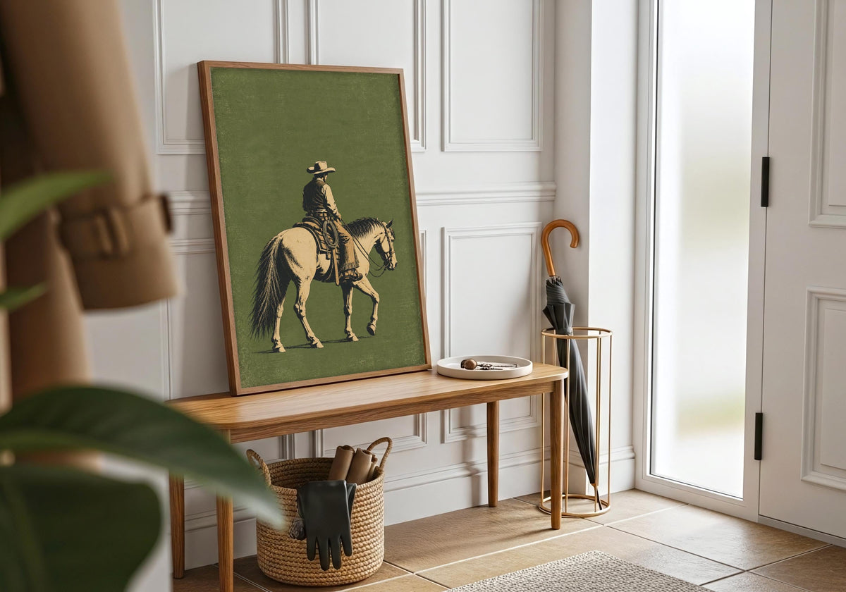 A horseback 10 white frame room wide view presents the Vintage Cowboy on Horseback artwork as the room's main focal point.