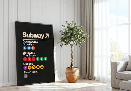 Close room styling highlights the black, cream, transit red, blue, green and yellow palette of the Vintage Subway Wayfinding Poster design.