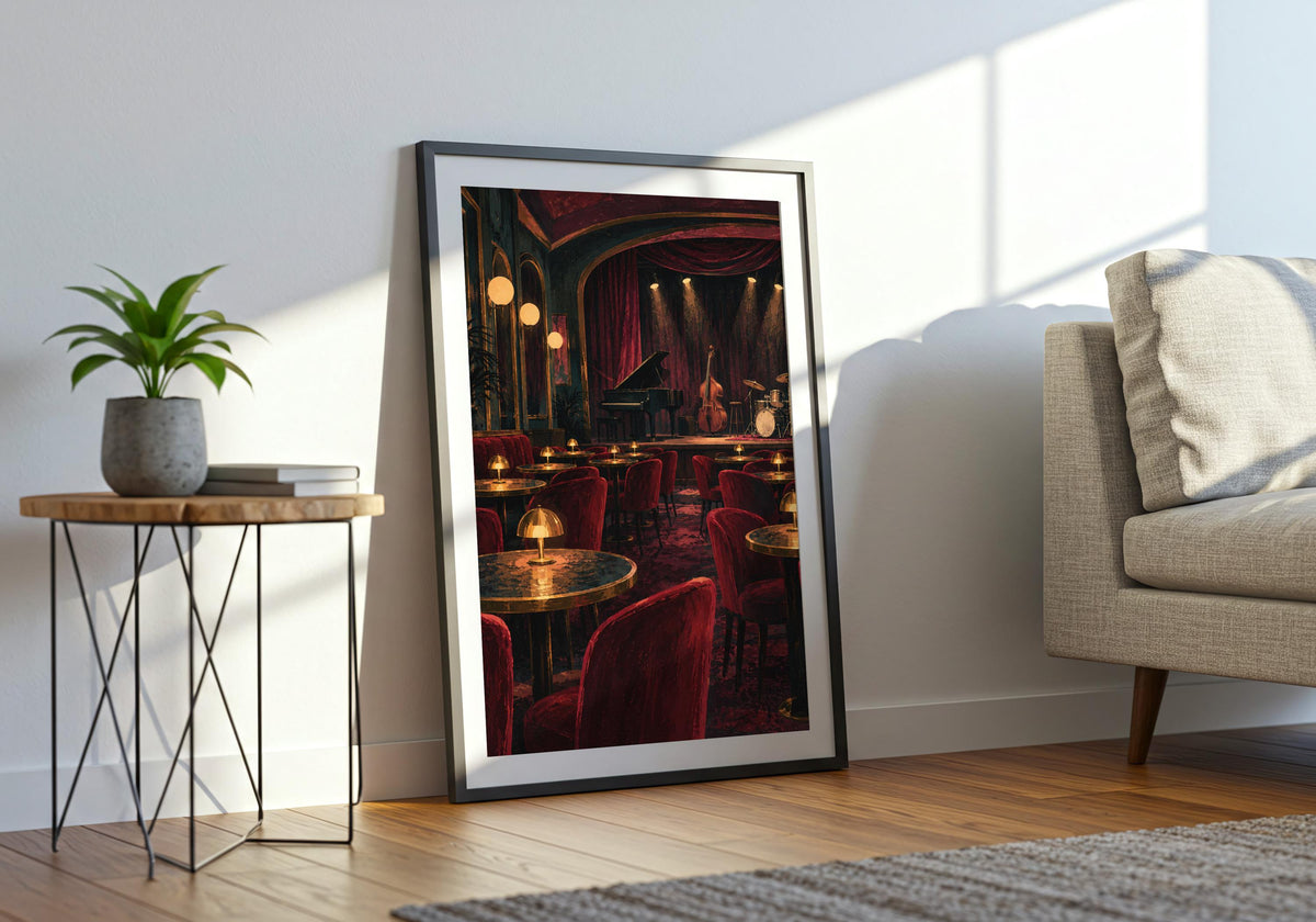 A final living room wide view shows how jazz club tables before opening works as portrait art print.