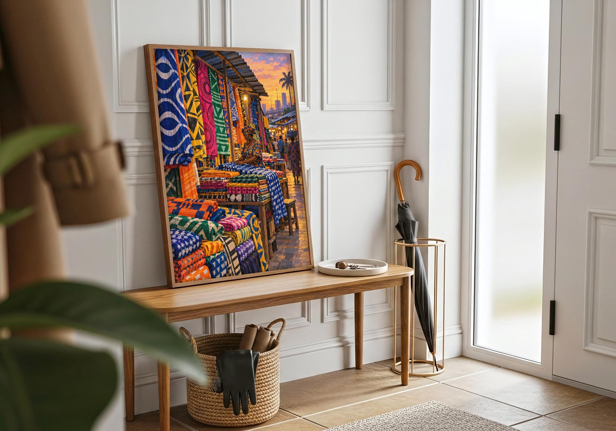 A final white frame room wide view shows how lagos fabric stall at closing time works as portrait art print.