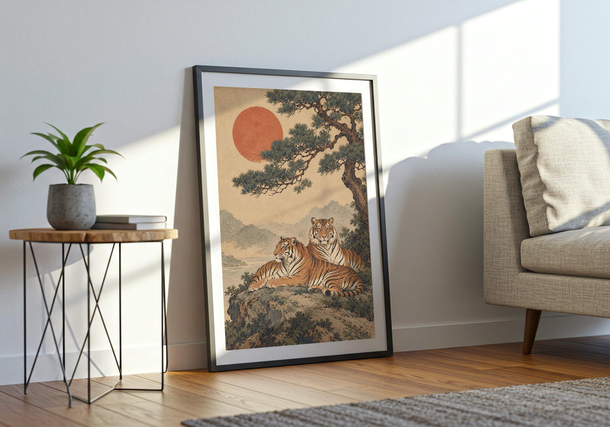 A final living room wide view shows how tigers beneath the windswept pine works as gallery wall print.